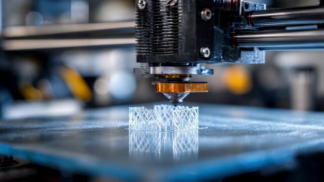 Closeup of a 3D printer fabricating intricate plastic components highlighting the smooth layering process with a blurred industrial background.