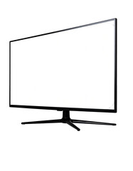 Oblique angle view of a black, curved computer monitor, isolated on a black background