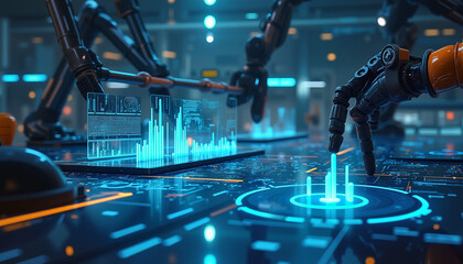 Robotic arms interacting with digital data in high-tech environment  