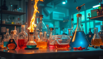 Laboratory setup with colored liquids and flames on table  