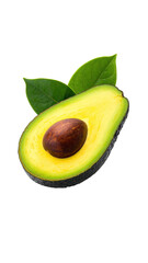 A cut avocado reveals a dark seed and creamy flesh, paired with green leaves