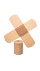 A roll of medical tape and two adhesive bandages arranged against a black backdrop