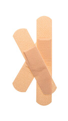 Two adhesive bandages in a cross, layered against a stark black background
