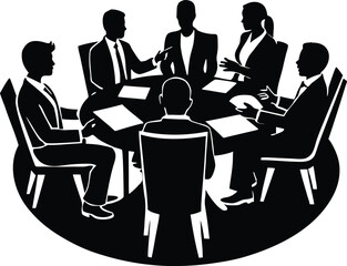 Office Group Discussing On Roundtable Silhouette | Teamwork Meeting Vector Design