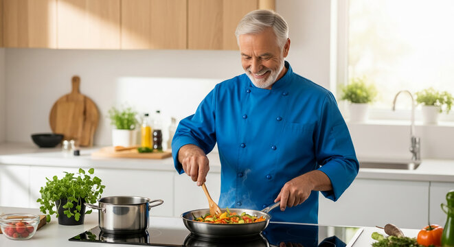 Silver haired chef in blue uniform, stirring vegetables in pan, showing food preparation, cooking skills and healthy recipe, representative of culinary arts