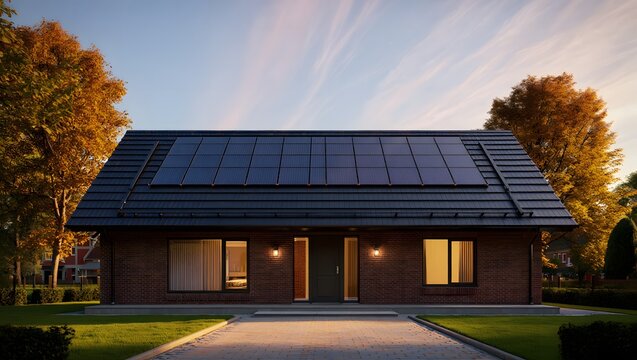 Modern house with solar panels on roof at sunset - Powered by Adobe