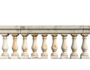 Weathered, ornate balustrade section, creamy stone with rust, front lit, against a black background