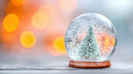 Holiday snow globe with a decorated tree and festive background glitter
