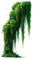 A weathered stone column nearly engulfed by vibrant, cascading green ivy