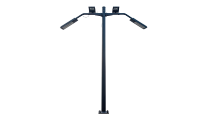 A tall, dark metal streetlamp with four lights on a black background