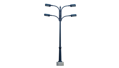 A tall, dark-blue street lamp with four headlamps atop a concrete base