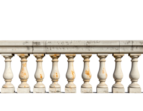 Weathered, ornate balustrade section, creamy stone with rust, front lit, against a black background