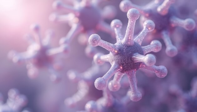 Microscopic view of abstract cellular structures. Particles float in purple liquid, suggesting science research and medical themes. Detailed viral shapes form organic patterns.