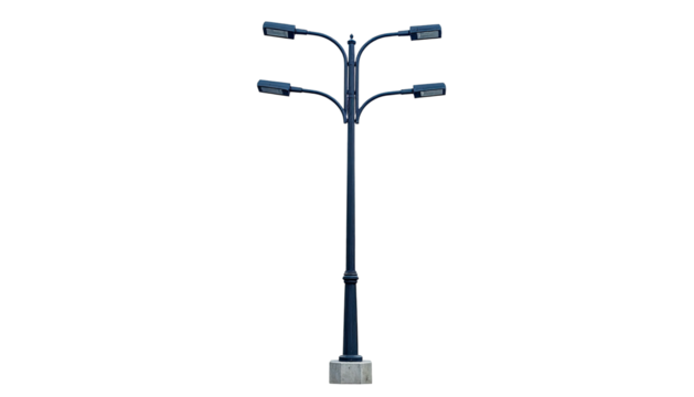 A tall, dark-blue street lamp with four headlamps atop a concrete base