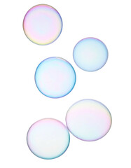 Several translucent, iridescent orbs float against a stark black background