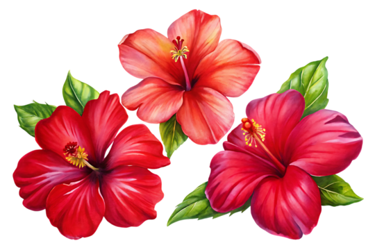 set of tropical red hibiscus flowers, cutout, PNG isolated on a white or transparent background, generated AI