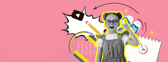 A joyful young girl with glasses is smiling against a colorful background featuring school supplies. The scene captures a playful, energetic vibe, perfect for back-to-school themes.