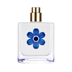 Square perfume bottle with gold cap, a blue flower illustration, and clear glass sides