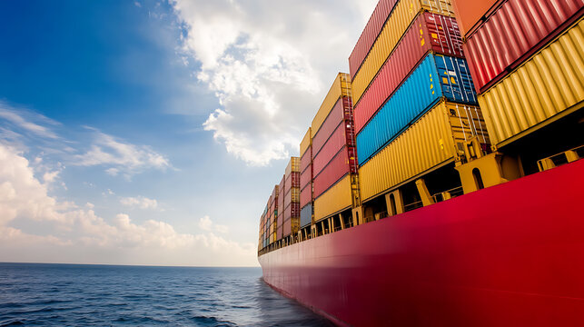 Cargo ship with colorful containers in transit on a calm ocean, under a partly cloudy sky, symbolizing global trade and transport. Shipping containers.