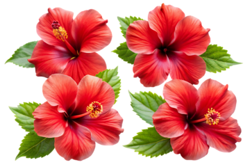 set of tropical red hibiscus flowers, cutout, PNG isolated on a white or transparent background, generated AI