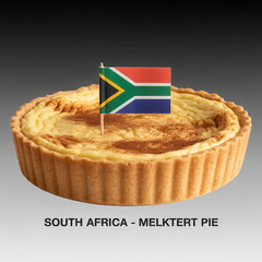 Traditional South African melktert pie with cinnamon dust and flag garnish