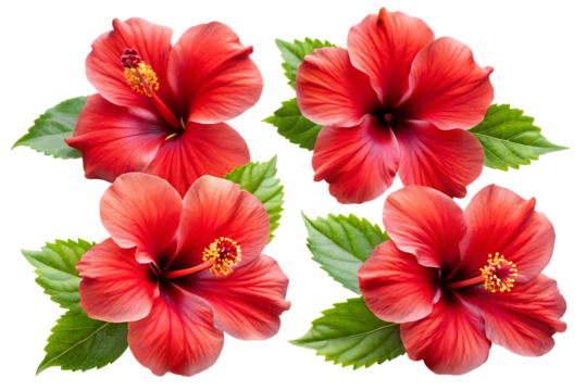 set of tropical red hibiscus flowers, cutout, PNG isolated on a white or transparent background, generated AI - Powered by Adobe
