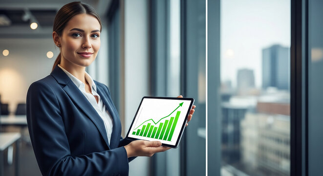 A woman in a blue suit holds a tablet with a green graph, representing business growth and financial success against a city building background