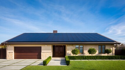 Modern suburban house with solar panels on the roof and a well kept lawn