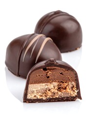 Three dark chocolate truffles; one sliced open, revealing a light brown filling