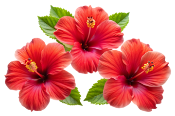 set of tropical red hibiscus flowers, cutout, PNG isolated on a white or transparent background, generated AI