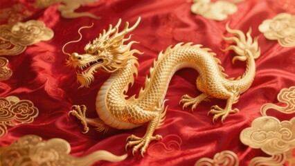 Fototapeta premium Golden Dragon on Red Fabric