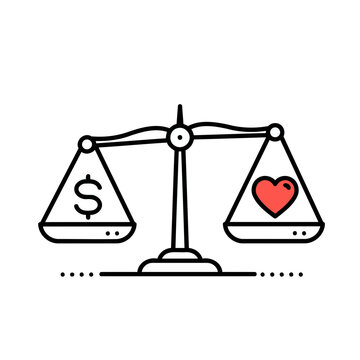 Minimalist Line Art Vector Illustration: Balance Scale with Dollar Sign and Red Heart Symbolizing Money and Love in Equilibrium