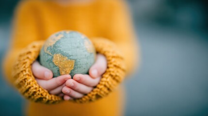 Child holds a globe representing unity and curiosity about the world