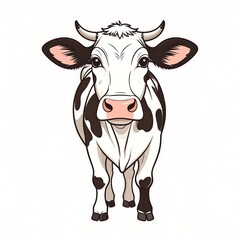 Cute cartoon cow, front view,  black and white
