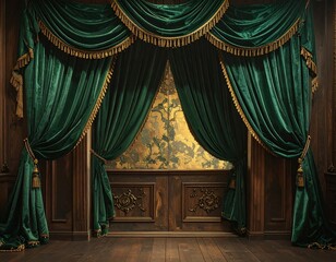 Luxurious curtains and wall decoration with wooden panels