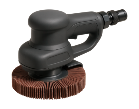 Compact pneumatic flap sander with a swivel air inlet for easy use in tight areas.