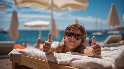 A young boy lies on a lounge chair at the beach wearing sunglasses and giving a thumbs up. The sun shines brightly and people relax in the background.