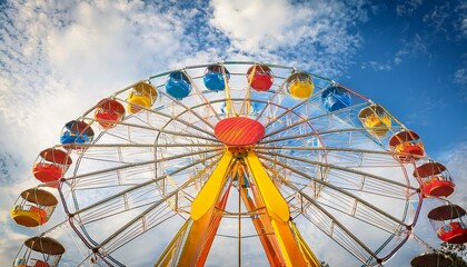 colorful ferris wheel with red yellow blue and orange cabins against a cloudy sky evoking a cheerful and playful atmosphere
