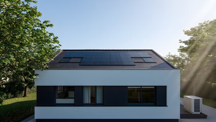 Obraz premium Modern minimalist house with solar panels on the roof and large window