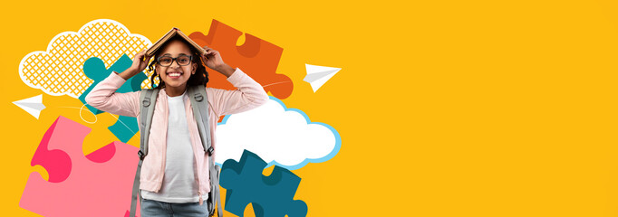 A happy child stands in a school setting with a book balanced on her head. Bright puzzle pieces and clouds are in the background, creating a fun and playful atmosphere during school activities.