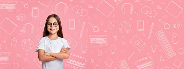 A cheerful child stands with arms crossed, wearing glasses and a white shirt. The background features a lively collage of school-related items, creating an engaging atmosphere.