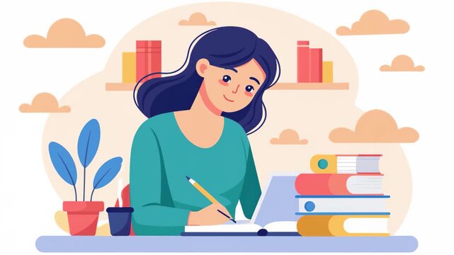 A woman sitting at a desk surrounded by books and a laptop working on writing her thesis, A woman is writing a thesis, Simple and minimalist flat 2d Animation