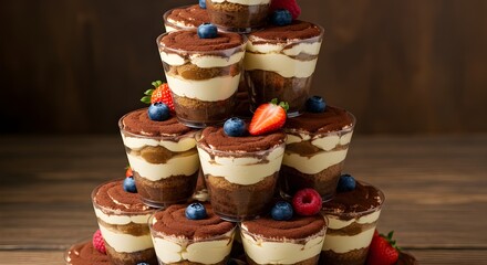 Tiramisu cups elegantly stacked in gourmet tower presentation on dessert buffet table display