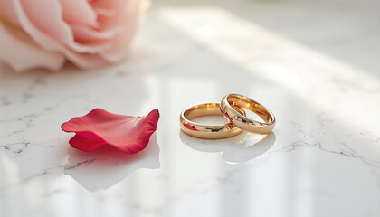 Minimalist romance with two simple gold wedding rings and a rose petal on Valentine's Day