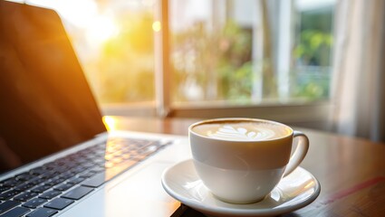 Laptop and coffee cup by sunny window morning work