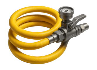 High-pressure rubber air hose with safety valve for industrial compressor systems.