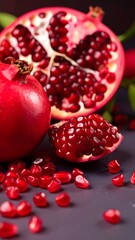 Close-up of a pomegranate, showing its ruby-red seeds and juicy flesh, with pieces scattered around it on a dark background.  Fresh, healthy, vibrant fruit