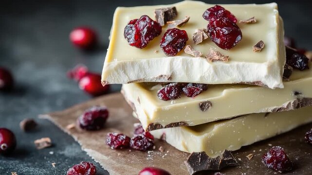 Freshly baked white chocolate cake topped with sweet and tangy cranberries, perfect for a dessert or snack