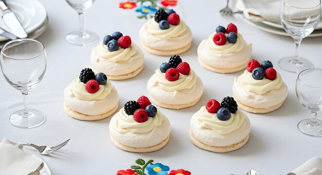 Individual mini pavlovas beautifully displayed on a decorated dessert table with fresh fruits