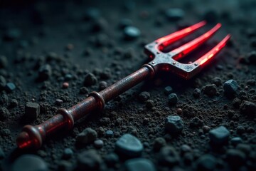 Ominous Rusty Pitchfork on Dark Earth Halloween, Fantasy, and Dark Imagery Stock Photo